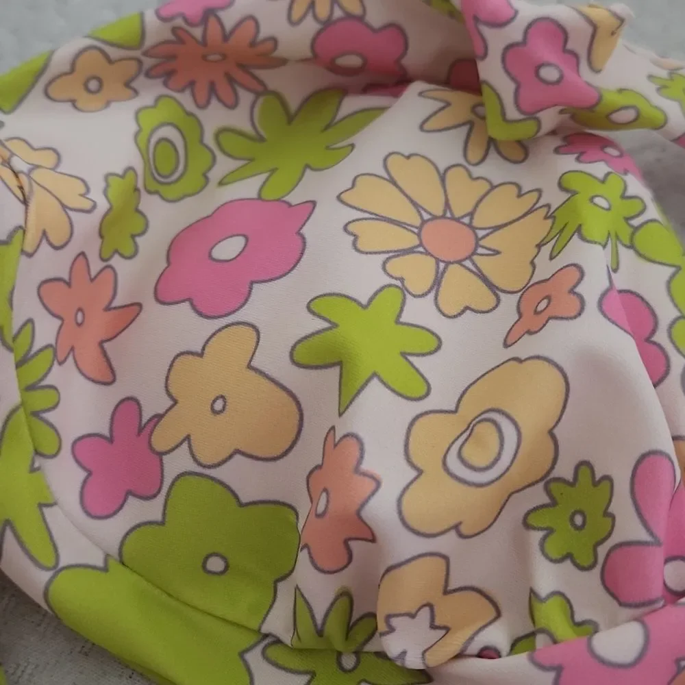 Ladies Size XL Pink Green Yellow Groovy Flowers Bikini Top